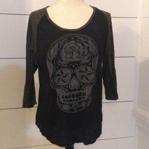 Raglan 3/4 Sleeve With Sugar Skull Biker Tee
